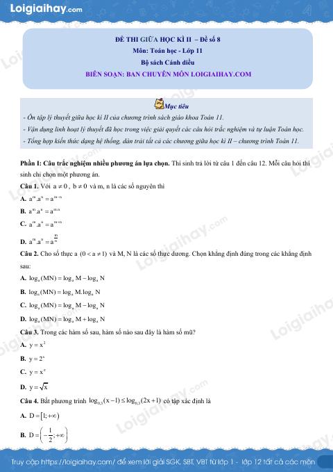 Đề thi giữa kì 2 Toán 11 Cánh diều - Đề số 8